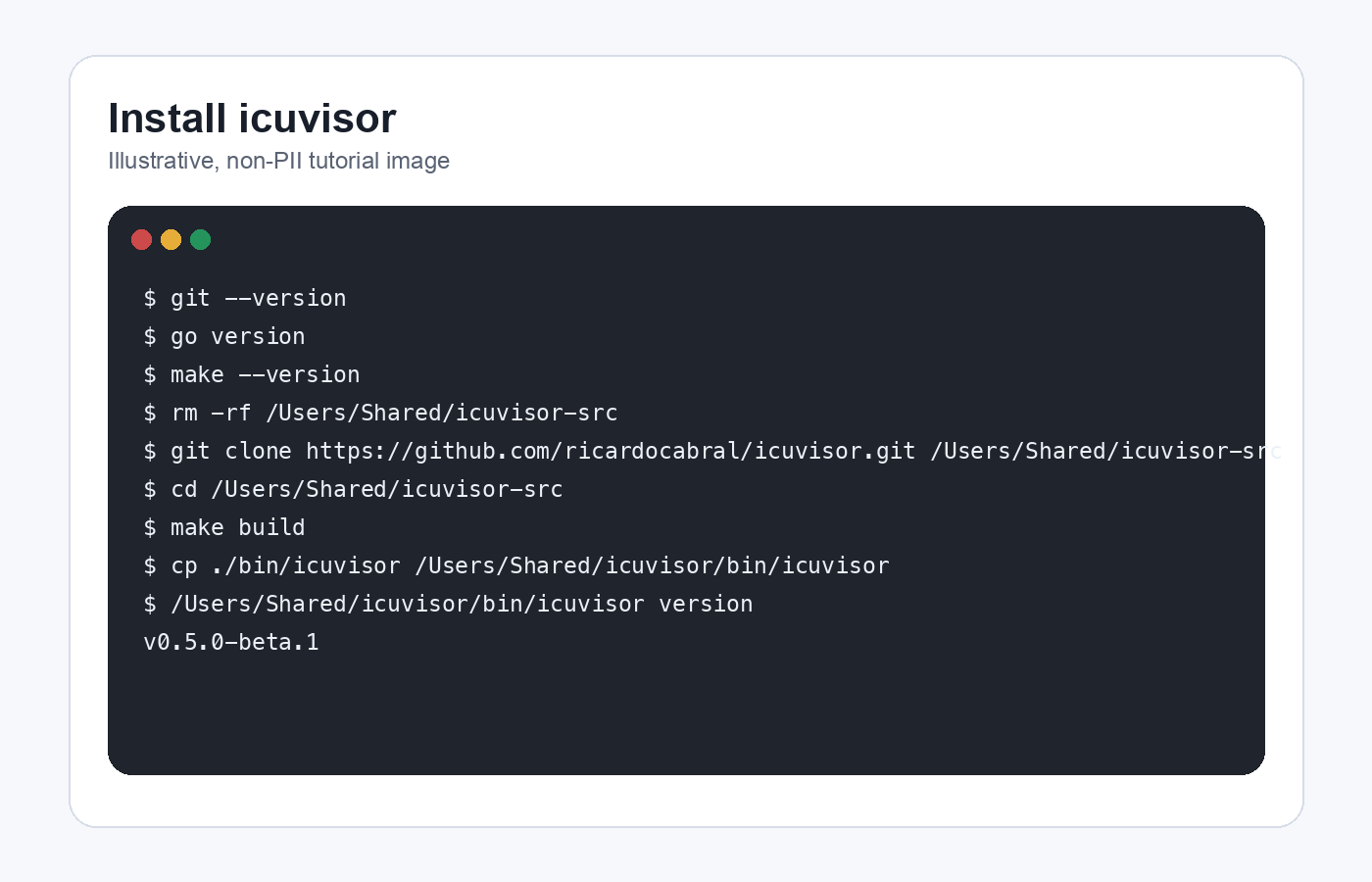 Illustrative Terminal view showing the /Applications/icuvisor.app binary printing its version.