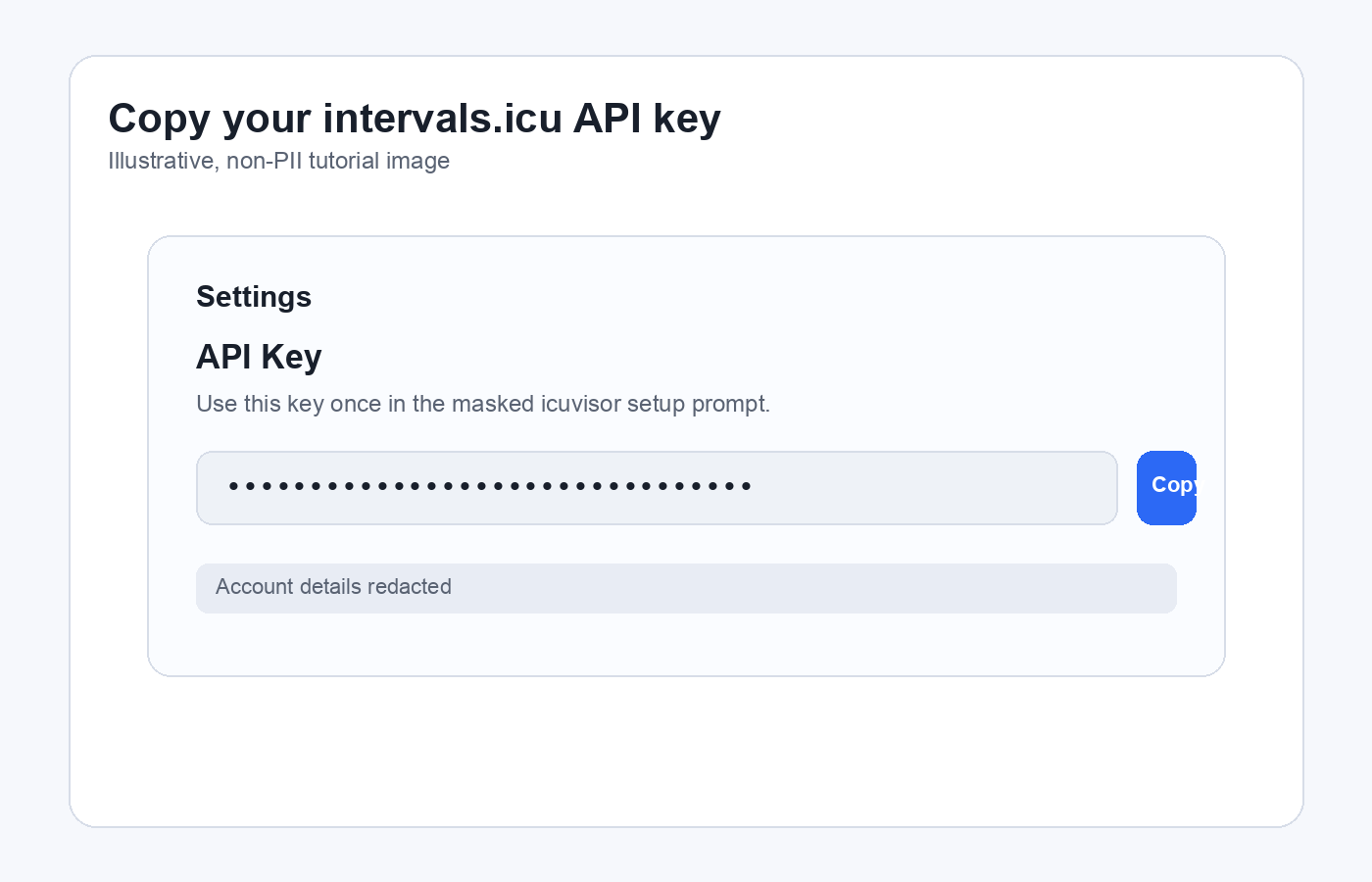 Illustrative intervals.icu settings view focused on the API Key section, with the key and account details redacted.